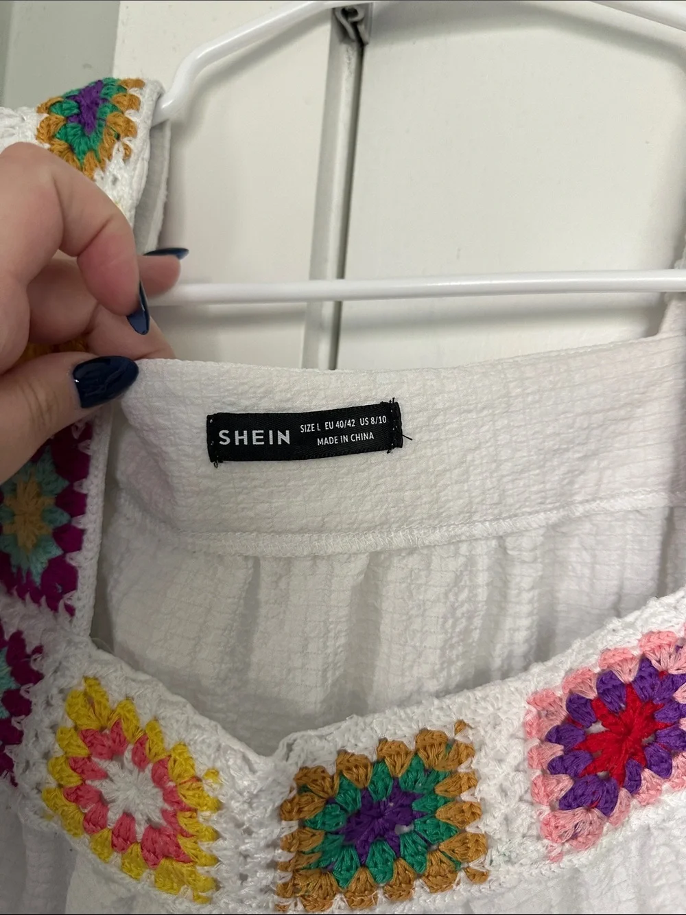 SHEIN White Peasant Top with Multicolor Crochet Trim